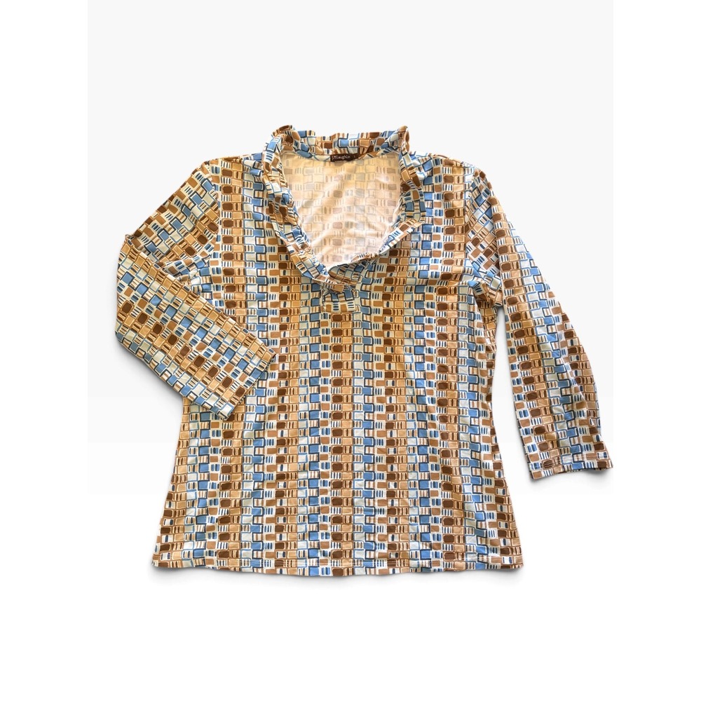 J. McLaughlin Catalina Cloth Ruffle Neck Top Blue Brown Geometric Print Large